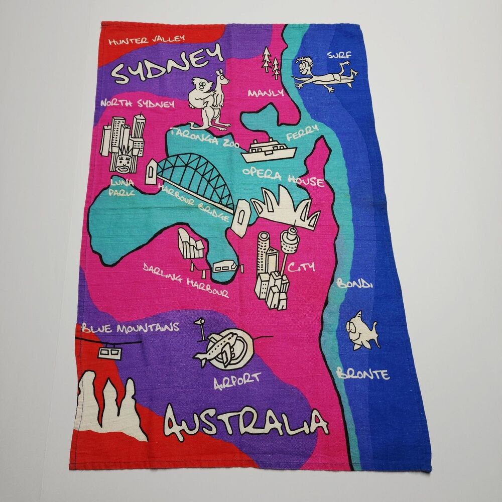 Vintage 90s Tea Towel Souvenir Sydney Australia EUC 28" X 18" Cartoon Map Hand